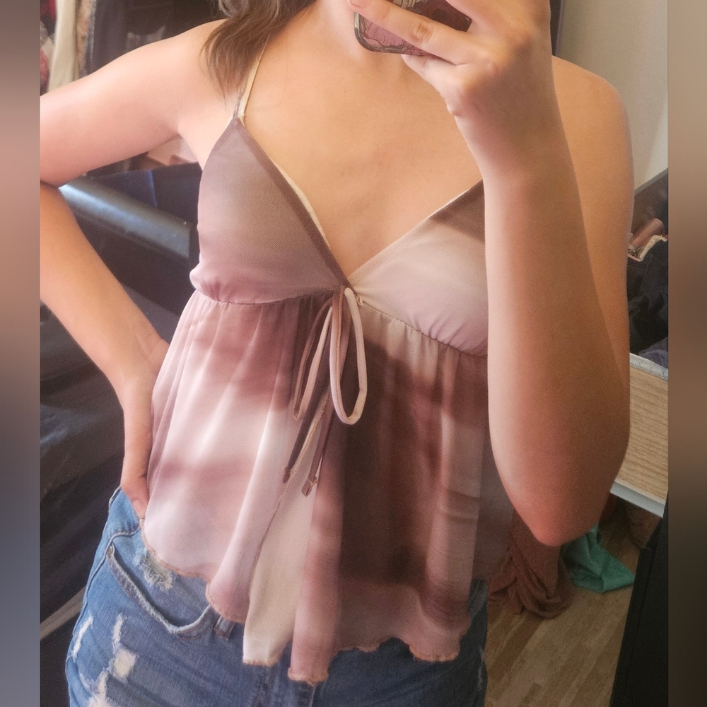 Brown and Cream Strappy Mesh Crop Top